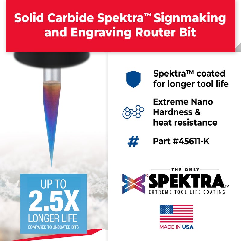 Amana Tool Spektra Extreme Tool Life Coated Solid Carbide Signmaking and Engraving Router Bit, 45611-K, 15 Degree Engraving 0.005 Tip Width x 1/4 Shank x 2-1/4 Inch Long - Image 2